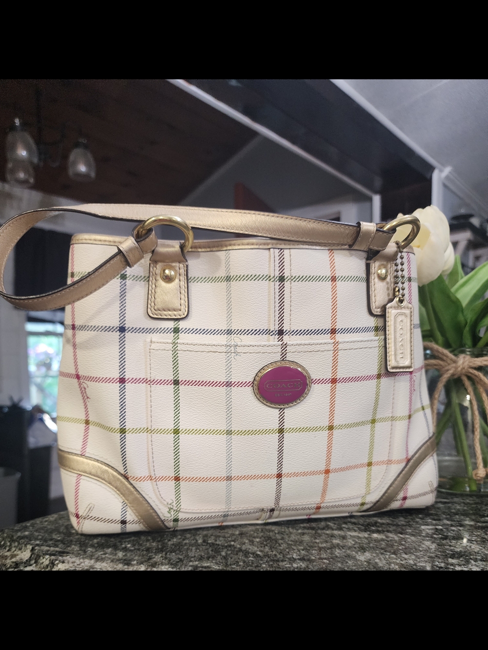 Coach Peyton Tattersall Plaid With Leather-Trim Tote